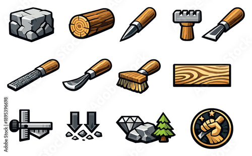 Stone and Wood Carving Sculpture in bold style: stone block, wood log, point chisel, tooth chisel, rasps file, carving gouge, dust brush, surface grain lines. Vector icons