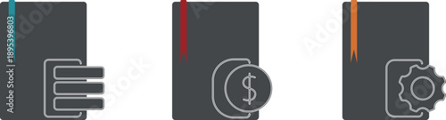 Bank securities with dollars and coins, technical office documentation with settings. Bookmarks for notebooks and financial reports.