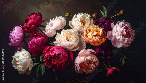 Lush Bouquet of Vibrant Pink and Deep Red Peonies in Moody Romantic Lighting
