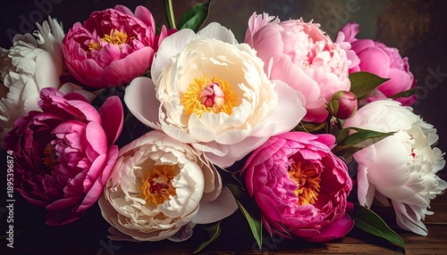 Lush Bouquet of Vibrant Pink and Deep Red Peonies in Moody Romantic Lighting