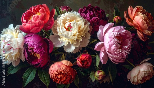 Lush Bouquet of Vibrant Pink and Deep Red Peonies in Moody Romantic Lighting