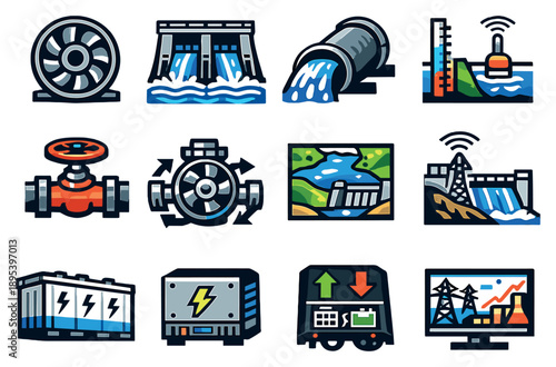 Hydro and energy storage operations vector icons in bold style: hydro turbine, spillway gate, penstock pipe, water level gauge, flow control valve, pump-turbine. Vector icons