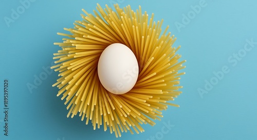 Wallpaper Mural White Egg Centered in a Spiral of Yellow Spaghetti on Blue Background Torontodigital.ca