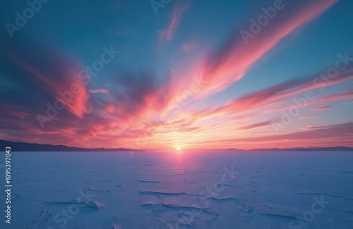 Vast salt flat stretches to distant mountains under a dramatic pink and blue sunset sky. Sun dips below horizon, casting vibrant light over the desolate, icy landscape. Nature