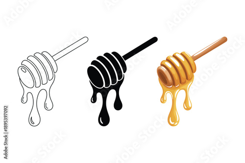 Three honey dipsticks with dripping honey in different styles dipstick honeycomb bee bees