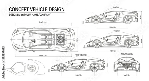 Concept Vehicle Design Blueprint Technical Drawing.