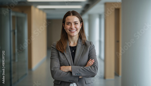 Retrato corporativo de mujer joven con blazer gris y brazos cruzados en pasillo de oficina, sonrisa natural y fondo desenfocado Free Download Retrato corporativo de mujer joven con blazer gris y brazos cruzados en pasillo de oficina, sonrisa natural y fondo desenfocado - GFXLoad