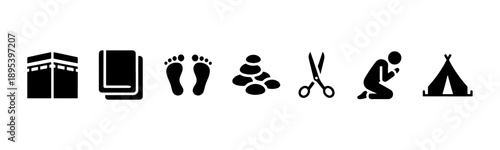 Hajj Umrah pilgrimage ritual icons for religious guides.