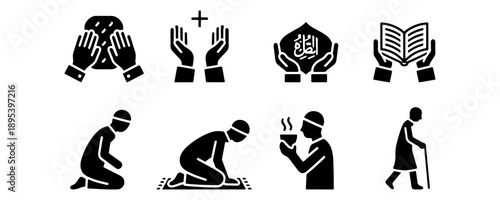 Flat silhouette Islamic worship icons for religious applications.