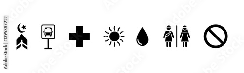 Islamic travel navigation and public service silhouette icons