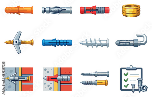 Wall Plug Types and Components in flat style: plastic wall plug, metal anchor, expansion sleeve, screw insert, threaded insert, toggle anchor, nylon plug, self. Vector icons