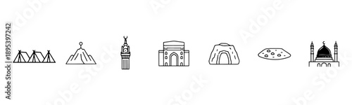 Line art Hajj Umrah landmarks, religious travel icons.