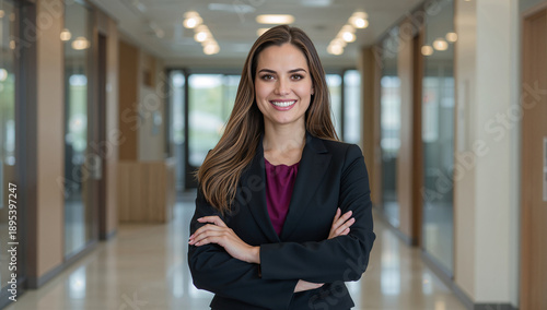 Retrato corporativo de mujer en oficina con blazer oscuro y top granate, brazos cruzados, sonrisa y fondo de pasillo