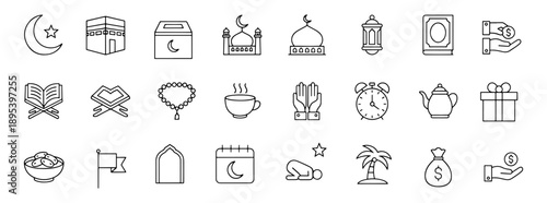 Outline Islamic and Ramadan icons for religious interfaces.
