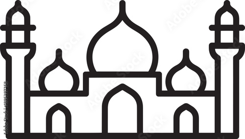 Islamic mosque line art architecture icon with minarets and domes on transparent background