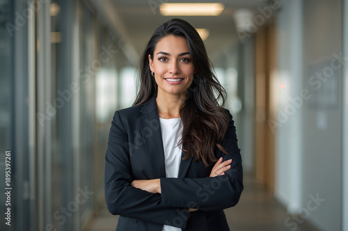 Retrato profesional de mujer ejecutiva con blazer oscuro, brazos cruzados, en corredor de oficina con fondo desenfocado Free Download Retrato profesional de mujer ejecutiva con blazer oscuro, brazos cruzados, en corredor de oficina con fondo desenfocado - GFXLoad