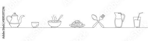 Continuous line kitchenware icons for restaurant menu decor