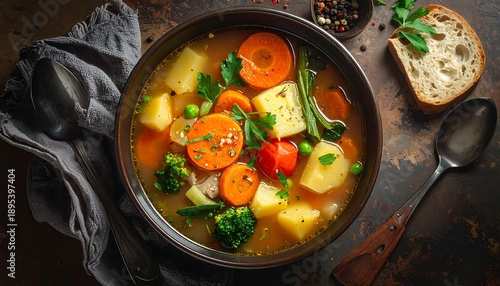 Overhead shot of a hearty vegetable soup in a dark bowl, with bread and spoons on a textured surface
