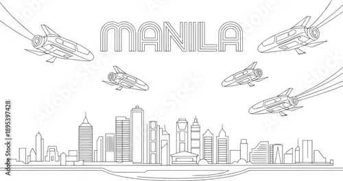 Manila skyline with futuristic airplanes and tall buildings