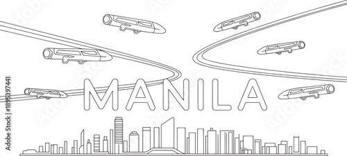 Manila skyline with futuristic flying cars and elevated tracks over a modern cityscape outline