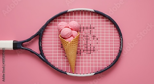 Pink background with tennis racket holding pink ice cream in a cone