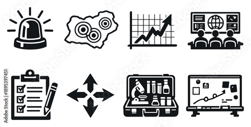 Outbreak detection and response in outline style: warning siren, hotspot map, trend spike graph, emergency operations center, response checklist, coordination. Vector icons