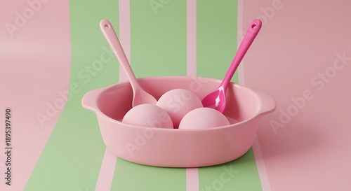 Wallpaper Mural Pink bowl with three eggs and two spoons on green and pink striped background Torontodigital.ca