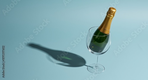 Champagne Bottle Pouring into a Wine Glass on a Light Blue Background