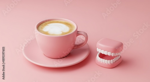 Pink cup of coffee with foam and pink teeth model on pink background