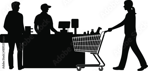 Silhouettes of people at a supermarket checkout counter with a shopper pushing a cart filled with groceries and a cashier assisting