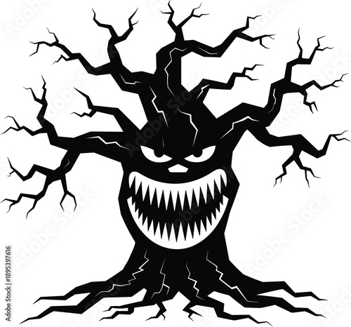 Spooky silhouette of a gnarled, menacing Halloween tree with a wicked grin and sharp teeth, rendered in stark black and white for a dramatic, eerie effect