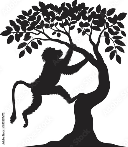 Stylized black silhouette of a baboon hanging from a tree branch with its body contorted, showcasing a silhouette of a primate in a natural arboreal setting