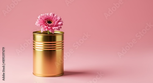 Pink Flower in a Gold Metal Vase on Pink Background
