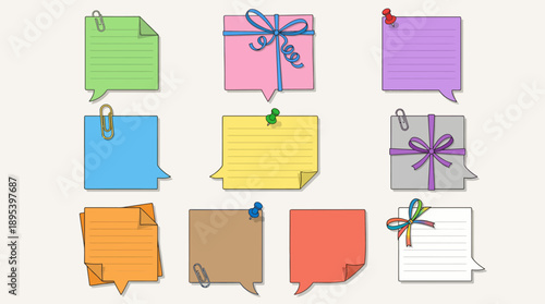 Speech Bubble Sticky Note Vector Set – 12 Colorful Paper Icons with Clips, Pins, and Folds for Messaging, Planning, and Office Design