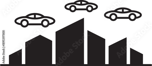 Minimalist futuristic city silhouette with simple flying cars over geometric skyscrapers