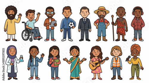 Diverse People Vector Set – Cartoon Characters Representing Various Professions, Cultures, and Abilities for Community, Education, and Inclusion Design