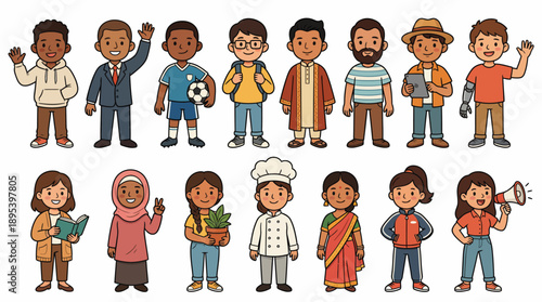 Diverse People Vector Set – Cartoon Characters Representing Various Professions, Cultures, and Abilities for Community, Education, and Inclusion Design