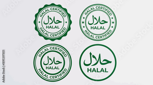 Halal Certified Badge Vector Set – 4 Green Circular Icons with Arabic and English Text for Islamic Food Packaging, Product Labeling, and Compliance Design