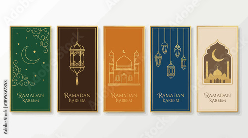 Ramadan Kareem Greeting Card Vector Set – 5 Elegant Islamic Designs Featuring Mosque Silhouettes, Lanterns, Crescent Moons, and Arabic Ornament for Festive Celebration