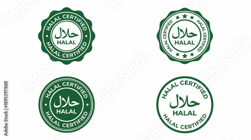 Halal Certified Badge Vector Set – 4 Green Circular Icons with Arabic and English Text for Islamic Food Packaging, Product Labeling, and Compliance Design