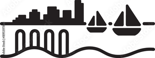 Modern city skyline above abstract wavy water with stylized arches below