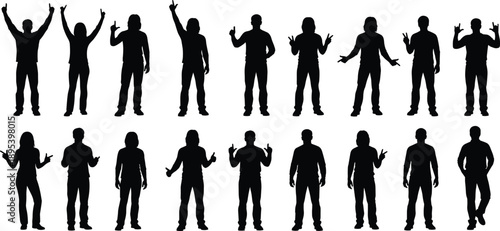 Diverse people silhouettes set with hands raised, waving, pointing, and gesturing, group of men and women standing vector icons collection