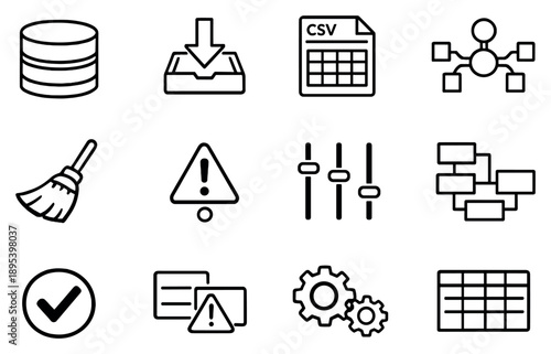 Data Collection and Preparation in outline style: data source database, import arrow, CSV file, API connector, data cleaning broom, missing value alert. Vector icons