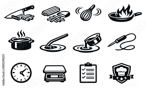 Professional Cooking Techniques in outline style: knife skills icon, julienne cuts, whisk motion lines, saute flame, simmer pot, plating tweezers, sauce. Vector icons