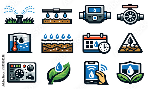 Smart Irrigation and Water Management in bold style: automated sprinkler, drip irrigation line, flow meter, water valve, reservoir level gauge, soil humidity. Vector icons