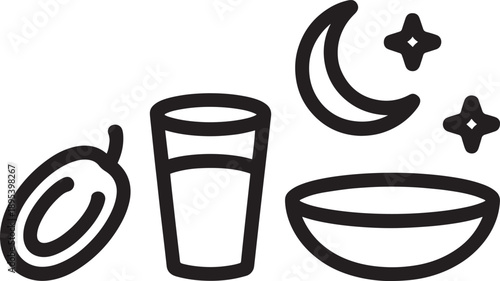 Ramadan breakfast elements line art with date fruit glass of water bowl and crescent moon