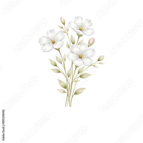Watercolor White Wild Flowers with Leaves Isolated on Transparent Background