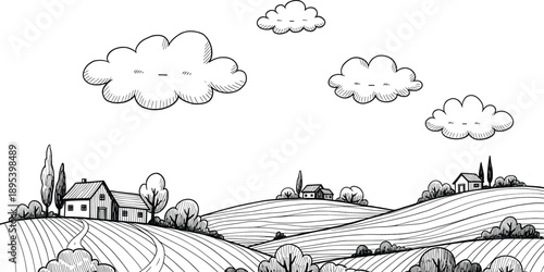 Rural landscape with hills and farmhouse vector illustration in hand drawn line art sketchy style