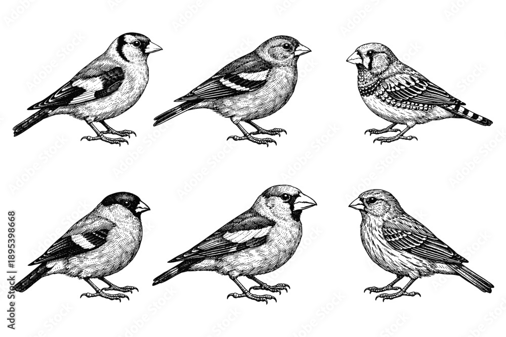 Fototapeta premium Detailed black and white illustrations of six diverse bird species in side profile