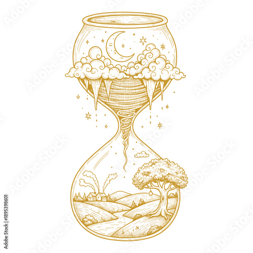 Hourglass with a whimsical landscape inside, featuring moon, clouds and stars vector illustration